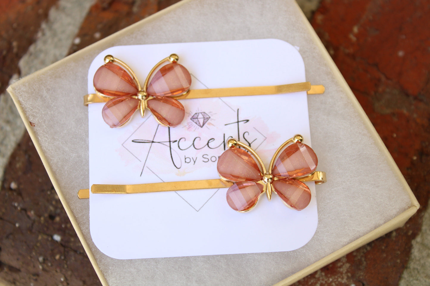 Autumn Coral and Gold Butterfly Hair Pins, Coral Butterfly Bobby Pins, Set of 2 Wedding Hair Accessories , Gifts for Her AccentsBySonia