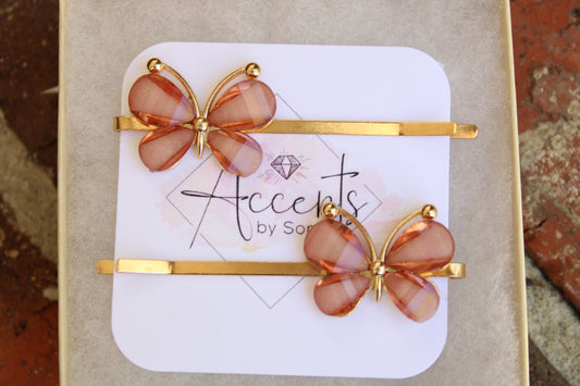 Autumn Coral and Gold Butterfly Hair Pins, Coral Butterfly Bobby Pins, Set of 2 Wedding Hair Accessories , Gifts for Her AccentsBySonia